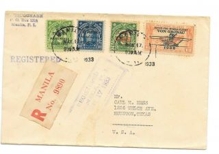 Philippines Registered Air Mail Cover 1933 To Usa With C18.  C31,  C36 & C40