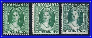 Grenada 1864//75 Victoria X3 Diff.  Stamps Sc 3,  6,  7a No Gum Cv$325.  00