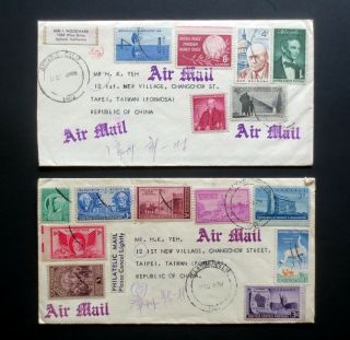 1951 & 62 Usa Two Air Mail Covers With Many Stamps From Usa To China Roc