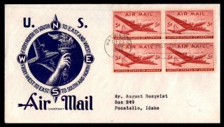 Us 5c Air Mail Block 1946 Lw Staehle Cachet On Unsealed Fdc