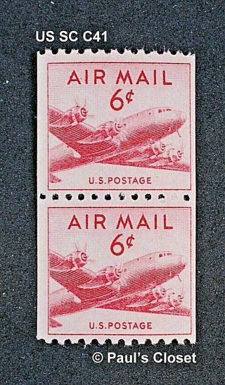 Us Sc C41 Dc - 4 Air Mail Stamp Coil Vertical Pair Perf 10 Horz.  6¢ Mnh Og 1949 Vf