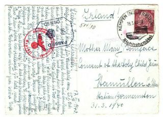 Germany Kempen Postcard Ww2 1940 Censor Ireland {samwells - Covers} Ma110