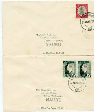 South Africa Two 1938 Covers To Nauru W/ship 1p Solo Or Coronation 1/2p Pair
