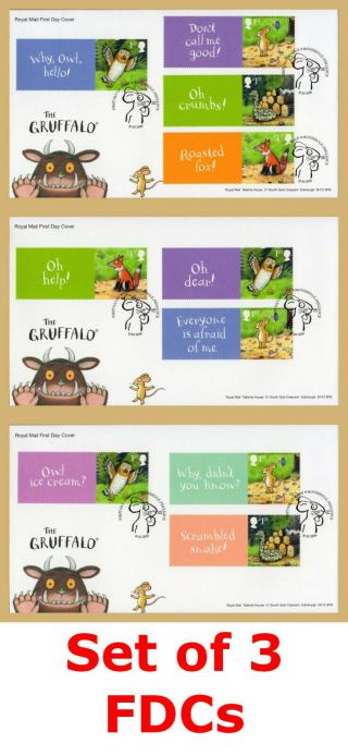 2019 The Gruffalo Smilers Set Of 3 Fdc First Day Covers Mousehole Handstamp