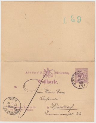 Germany WÜrtt.  1885 P.  St.  Reply Card P 27 I A Stuttgart To DÜsseldorf