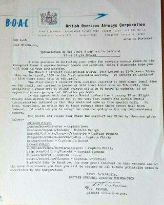 1963 B.  O.  A.  C.  Promotion Letter For Comet 4 Flight London To Australia & N.  Z.