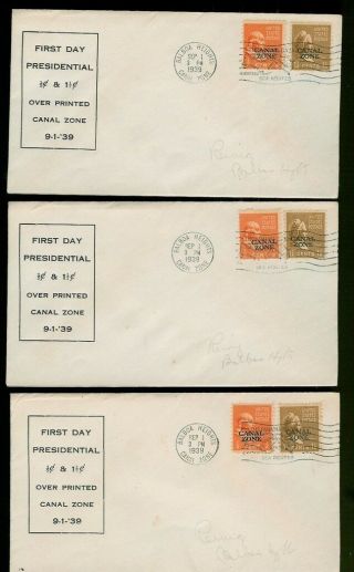 Canal Zone Overprints 1939 Set Of 3 Fdc On Usa 803,  805 Presidential Prexie