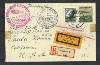 Germany Zeppelin August 1936 Registered Cover From Bamberg To Usa Michel 535 606