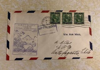 1929 First Flight Canal Zone Chile Air Mail Stamp Cover Cachet Roessler Roe