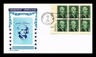 Dr Jim Stamps Us Thomas Jefferson 1c First Day Cover Plate Block Cachet Craft