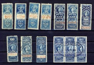 13x Canada Gas Inspection Stamps Fg1 - 4 - 9 - 10 - 18 - 19 - 20 - 22 - 24 3x28 - $4.  00 Cv=$70.  00