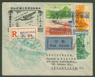 1937 Airmail Stamp Cover China Shanghai - Usa Registered First Flight
