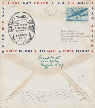 Us 1946 Twa Fam 27 First Flight Flown Cover York Ny To Paris France