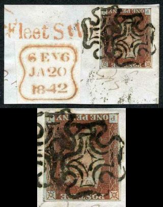 1841 Penny Red (pj) Four Margins With Two Maltese Crosses On Piece