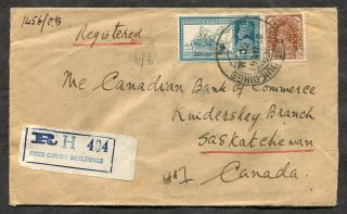 P661 - India 1941 Registered Cover To Canada.  Chartered Bank Perfins.  Sask Rpo