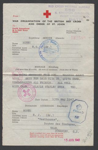 Guernsey 1943 - 44 Channel Islands German Occupation Red Cross Messages Censor