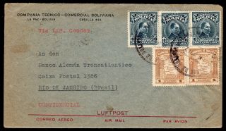 Bolivia 1938 Reg/airmail Cover W/stamps From La Paz To Brazil Via " Lab.  Condor "