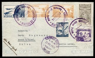 Bolivia 1938 Airmail Cover W/stamps From Oruro To Switzerland Via York