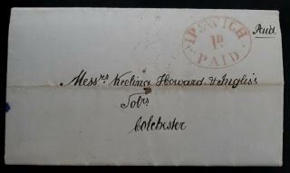 Rare 1842 Great Britain Folded Letter Sent From Ipswich With 1d Paid Oval Cancel