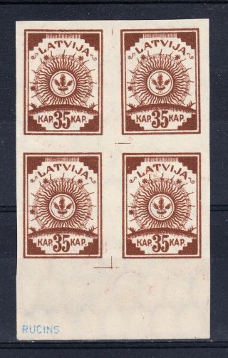 Latvia Lettland Scott 31,  Michel 21,  Block Of Four,  Offset,  Without Gum,  Signed