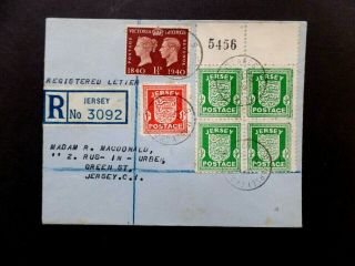 Jersey 5/09/1942 Registered Env 1d,  4x1/2d Coat Of Arms,  1 1/2d Cent