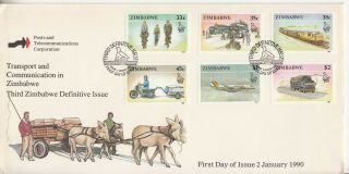 1990 Zimbabwe Definitives Transport Trains Aviation First Day Cover