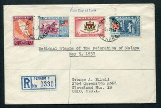05.  05.  1957 Malaya Set Stamps On Reg.  Fdc Penang To U.  S.  A.
