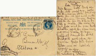 Burma Qv Stationery Card To Germany 1900 Moulmein To Altona Elbe