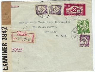 Portugal Funchal 1942 Registered Airmail Cover To York,  Censored In Bermuda