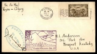 Canada Regina To Calgary 1928 First Flight Cover Signed By Postmaster