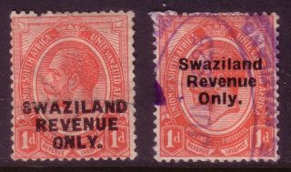 Swaziland Revenue: 1913 & 1922 South Africa Kgv 1d Overprints