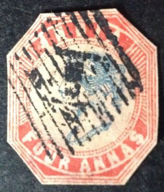 India 1854 Four Annas Indigo & Red Stamp Vfu