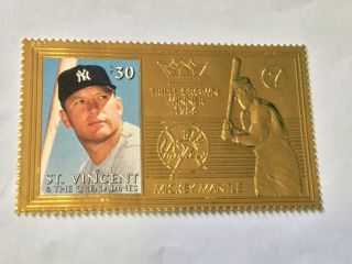 Mickey Mantle 23kt Gold Plated Photo Stamp Mnh St.  Vincent Baseball Hof Yankees