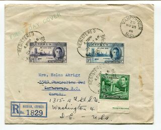 Cyprus 1946 George Vi Peace Issue Registered Fdc Cover To Canada - Redirected