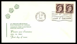 Canada First Electronic Sorting Machine 1c Pair 1962 Fdc