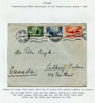 Finland 1938 Anniversary Of The Postal System - Commercial Mail Cover To Canada