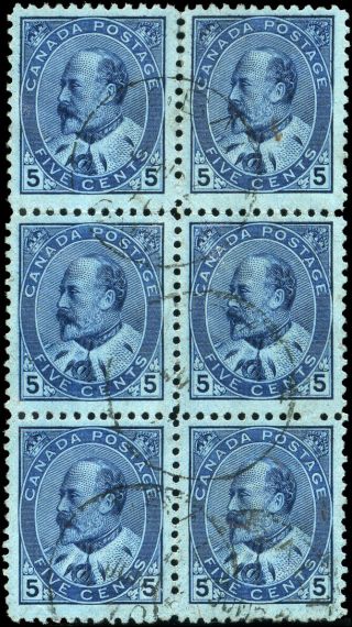 Canada 91 Vf 1903 King Edward Vii 5c Blue Block Of 6 Son Cds Cv$48.  00