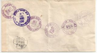 1947 China Registered Airmail Cover to Kansas City with 6 Stamps,  Forwarded 2