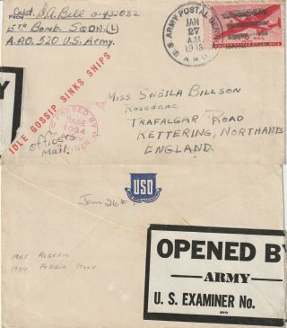 Us 1943 Ww2 Wartime Flight Cover Algeria To Kettering England Censored