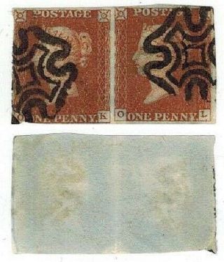 Great Britain 3 Pair - One Penny Red Brown On Bluish Paper With Maltese Cancels