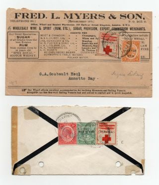 1916/1919 Jamaica Covers X 2 With Red Cross Labels & War Tax Stamps See Scans