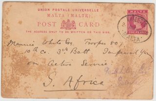 Boer War 1900 Incoming Postal Card Valletta Malta - 10th Co,  3rd Bat South Africa
