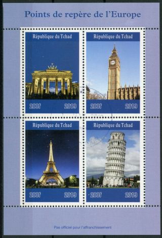 Chad 2019 Cto Landmarks Eiffel Tower Big Ben Brandenburg Gate 4v M/s Stamps