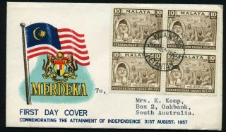 Malaya 1957 Independence - Block Of 4 - Fdc