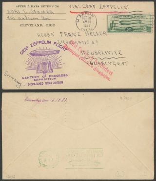 Usa 1933 - Zeppelin Flight Air Mail Cover Akron To Germany 34770/5