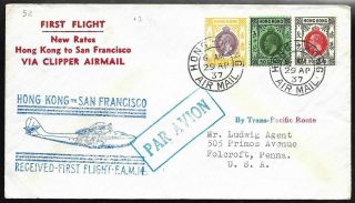 1937 First Flight Clipper Cover Hong Kong To San Francisco