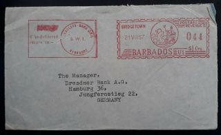 Rare 1957 Barbados Cover With 44c Meter Cancel From Bridgetown To Germany