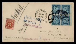 Dr Who 1932 Los Angeles Ca Registered Airmail Postage Due Olympics Block E46395