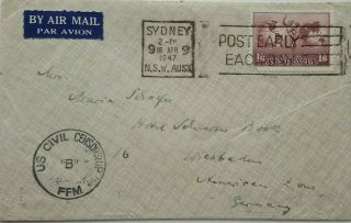 Australia 1947 Airmail Cover To Germany With U S Civil Censor " B " Ffm Cachet