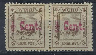 China Wuhu Local Post 1895 1/2c On 1c Pair Both Types Of 